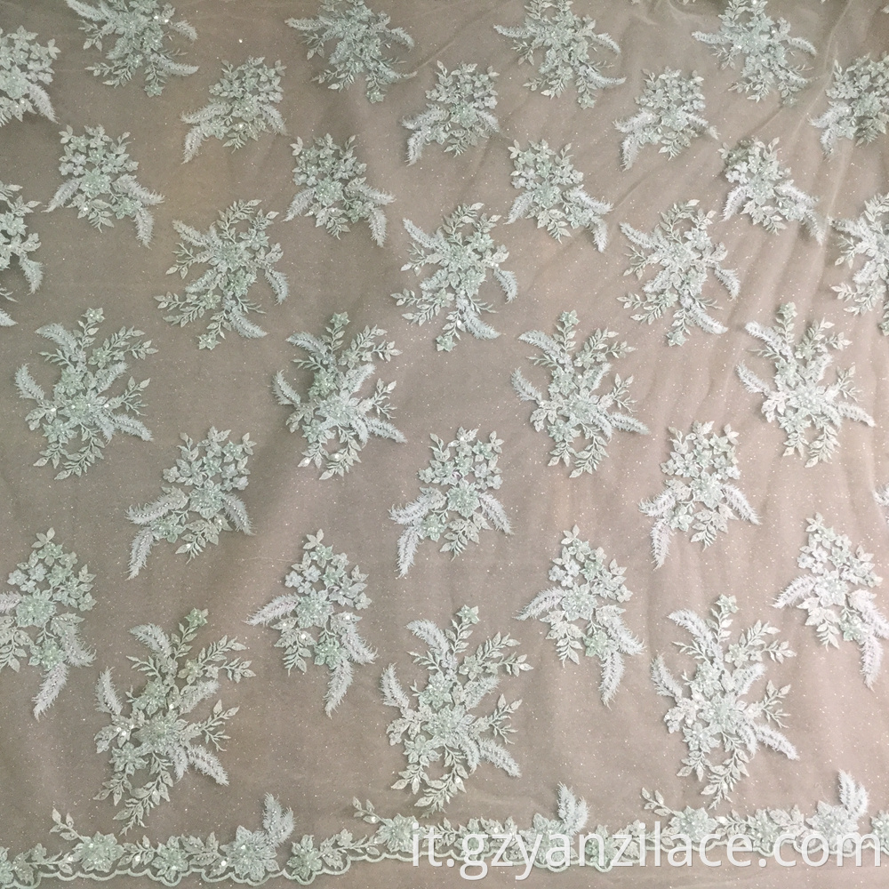 Mint Hand Beaded Embroidery Lace Fabric